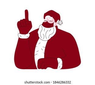 Santa Claus in surgical mask shows attention isolated on white. Christmas card in modern outline minimalist design. Flat Art Vector Illustration