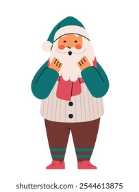 Santa Claus surprised expression festive attire holiday theme green hat red scarf brown pants cheerful design