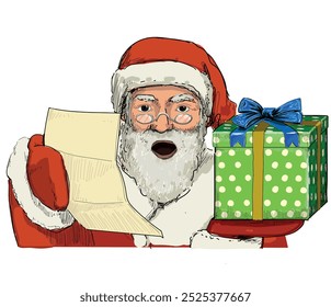 santa claus surprised open mouth  holding list of good kids christmas and present time winter holidays symbol isolated on white background