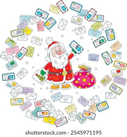 Santa Claus surrounded by flying colorful envelopes with letters and postcards from little children before Christmas and New Year, vector cartoon illustration on a white background