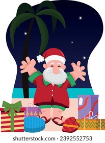 Santa Claus surrounded with presents at the beach. Christmas in the southern hemisphere. Summer season.
