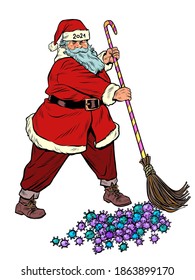 Santa Claus sweeps out the coronavirus epidemic. Vaccine and medications. Pop art retro illustration kitsch vintage 50s 60s style
