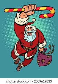 santa claus with sweet christmas candy cane, new year gifts