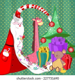 Santa Claus with sweets in a long beard tree with gifts and toys