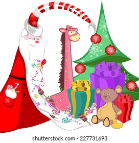 Santa Claus with sweets in a long beard tree