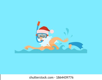 Santa Claus swimming in diving mask and red hat with pompom, New year character on summer holidays vector isolated on blue. Water splashes and eldery man