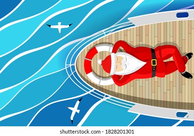 Santa Claus is swimming on a yacht lying on the deck with a bunch of gift boxes. Sea waves and seagulls around. Vector graphics. New Year, Christmas holiday