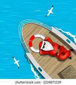 Santa Claus is swimming on a yacht lying on the deck with a bunch of gift boxes. Sea waves and seagulls around. Vector graphics. New Year, Christmas holiday