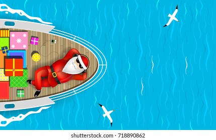 Santa Claus is swimming on a yacht lying on the deck with a bunch of gift boxes. Sea waves and seagulls around. Vector graphics.