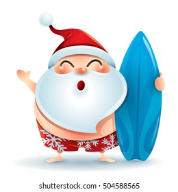 Santa Claus in swimsuit with a surfer board