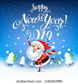 Santa Claus with the symbol of 2019 on skates rushes for holiday on the field with Christmas trees.Christmas time with snow and gifts.Decoration of a poster card and holiday background. 2019 New year.