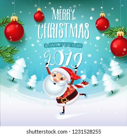 Santa Claus with the symbol of 2019 on skates rushes for holiday on the field with Christmas trees.Christmas time with snow and gifts.Decoration of a poster card and holiday background. 2019 New year.