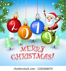 Santa Claus with the symbol of 2019 Pigs on christmas decoration. New year holiday with Christmas trees.Christmas time with snow light Decoration of poster card and holiday background. 2019 New year.