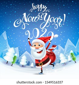 Santa Claus with the symbol of 2020 on skates rushes for holiday on the field with Christmas trees.Christmas time with snow and gifts.Decoration of a poster card and holiday background. 2020 New year.