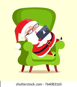 Santa Claus with tablet sitting on green chair icon isolated on white background. Vector illustration with Christmas symbol checking out his device