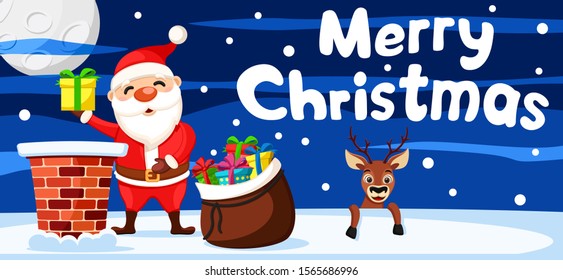 Santa Claus takes gifts out of the bag and the deer looks out from behind roof. Christmas background