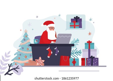 Santa Claus takes orders for gifts online. Father Christmas sits at workplace and works. Different gift boxes in santa's office. Concept of online shopping and working. Trendy flat vector illustration