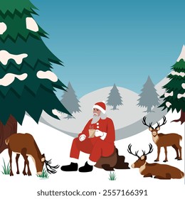 Santa Claus taking a break, sipping coffee with reindeers resting next to him