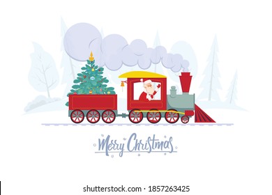 Santa Claus is taking a decorated Christmas tree to children for a holiday by train. Happy new year greeting card. vector illustration