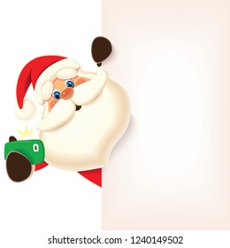 Santa Claus taking selfie next to blank signboard isolated on a white background