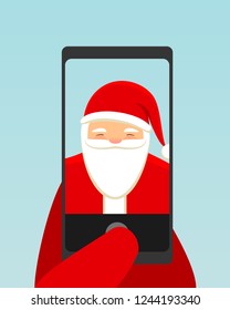 Santa Claus taking selfie using smartphone. Christmas cartoon characters in flat style, vector illustration.