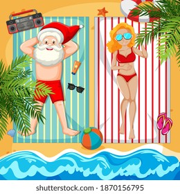 Santa Claus taking sun bath on the beach with beautiful lady illustration