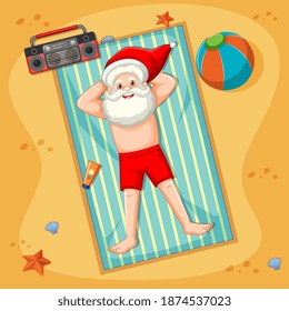 Santa Claus taking sun bath on the beach with summer element illustration