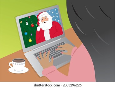 Santa Claus talking with girl at laptop. Vector illustration.