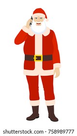 Santa Claus talking on the mobile. Full length portrait of Santa Claus in a flat style. Vector illustration.