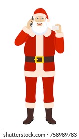 Santa Claus talking on the mobile phone and showing the business card. Full length portrait of Santa Claus in a flat style. Vector illustration.