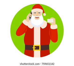 Santa Claus talking on the mobile phone and showing the business card. Portrait of Santa Claus in a flat style. Vector illustration.
