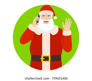 Santa Claus talking on the mobile phone greeting someone with his hand raised up. Portrait of Santa Claus in a flat style. Vector illustration.