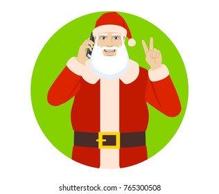 Santa Claus talking on the mobile phone and showing victory sign. Portrait of Santa Claus in a flat style. Vector illustration.