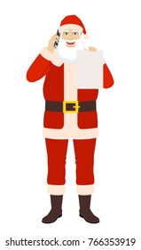 Santa Claus talking on the mobile phone and showing the blank paper. Full length portrait of Santa Claus in a flat style. Vector illustration.