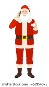 Santa Claus talking on the mobile phone and showing the business card. Full length portrait of Santa Claus in a flat style. Vector illustration.