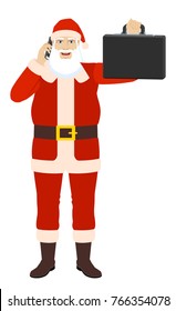 Santa Claus talking on the mobile phone and holding briefcase. Full length portrait of Santa Claus in a flat style. Vector illustration.