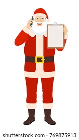 Santa Claus talking on the mobile phone and holding clipboard. Full length portrait of Santa Claus in a flat style. Vector illustration.