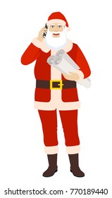 Santa Claus talking on the mobile phone and holding the project plans. Full length portrait of Santa Claus in a flat style. Vector illustration.
