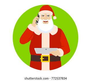 Santa Claus talking on the mobile phone and using digital tablet PC. Portrait of Santa Claus in a flat style. Vector illustration.