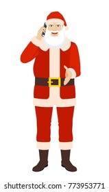 Santa Claus talking on the mobile phone and gives a hand for a handshake. Full length portrait of Santa Claus in a flat style. Vector illustration.