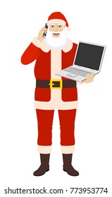 Santa Claus talking on the mobile phone and  holding laptop computer. Full length portrait of Santa Claus in a flat style. Vector illustration.