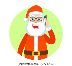 Santa Claus talking on mobile phone. Portrait of Cartoon Santa Claus Character. Vector illustration in a flat style.