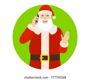 Santa Claus talking on the mobile phone and greeting someone with his hand raised up. Portrait of Santa Claus in a flat style. Vector illustration.