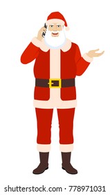 Santa Claus talking on the mobile phone and gesticulating. Full length portrait of Santa Claus in a flat style. Vector illustration.