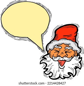 Santa Claus talking speech. Christmas, New Year frame for announcement, sale promotion, greeting message, chat. Text bubble frame template vector design. Hand drawn comic cartoon style illustration.