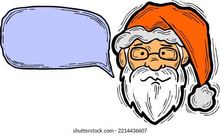 Santa Claus talking speech. Christmas, New Year frame for announcement, sale promotion, greeting message, chat. Text bubble frame template vector design. Hand drawn comic cartoon style illustration.
