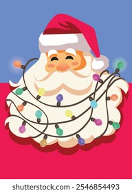 
Santa Claus with Tangled Christmas Lights in his Beard Vector Cartoon. Clumsy Santa getting stuck in decorating the Xmas tree 
