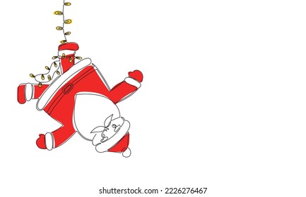 Santa Claus tangled up in a garland. Line art one continues line with red color. Vector illustration.