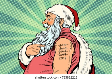 Santa Claus with tattoos 2018. New year and Christmas. Pop art retro vector