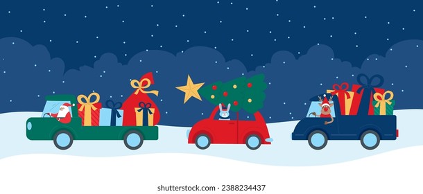 Santa Claus team driving car caravan with Christmas tree, gifts and presents. Funny flat vector illustration